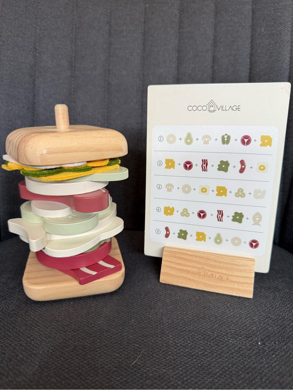 Coco Village Wooden Stacking Sandwich Toy - Natural Wood, Green, Yellow, Red